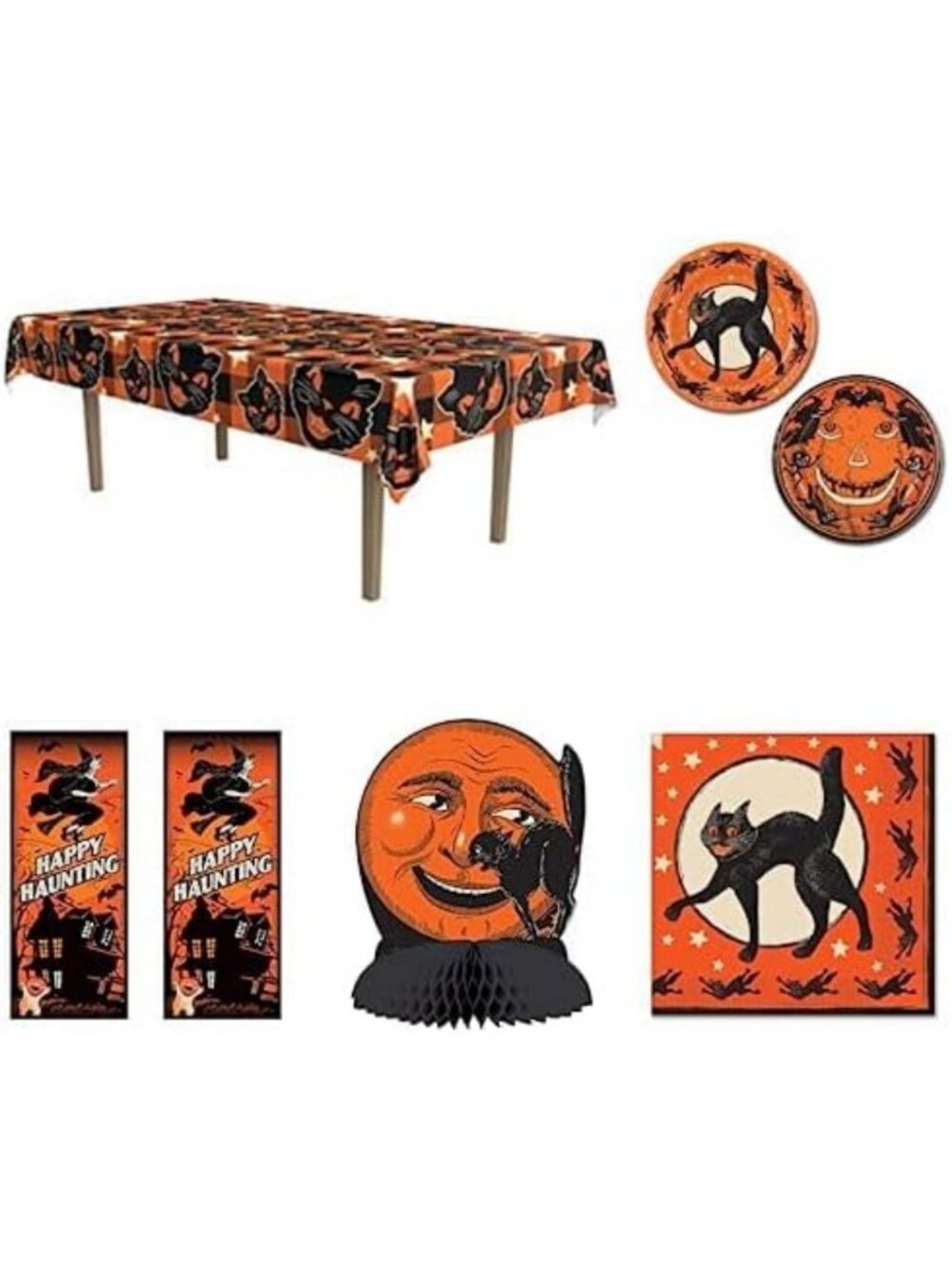 Vintage Halloween Party Set: Tablecover, Plates, Napkins, Cat & Moon Decor